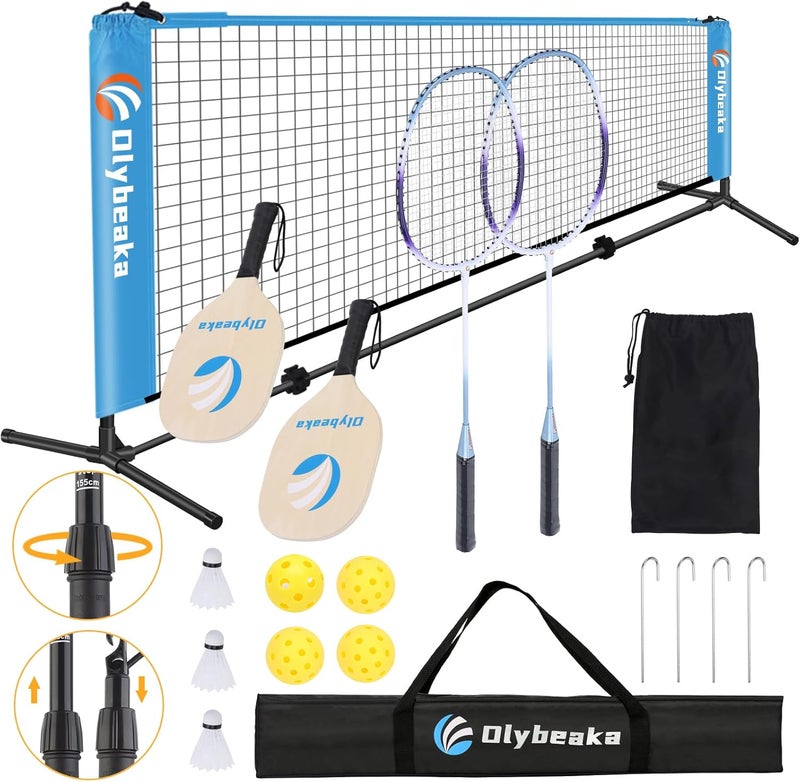 Olybeaka All-in-one Portable Badminton & Pickleball Net Set for Backyard Beach Driveway with Height Adjustable Poles, Durable Net, 2 Aluminum Badminton Rackets + 2 Pickleball Paddles - Image 1
